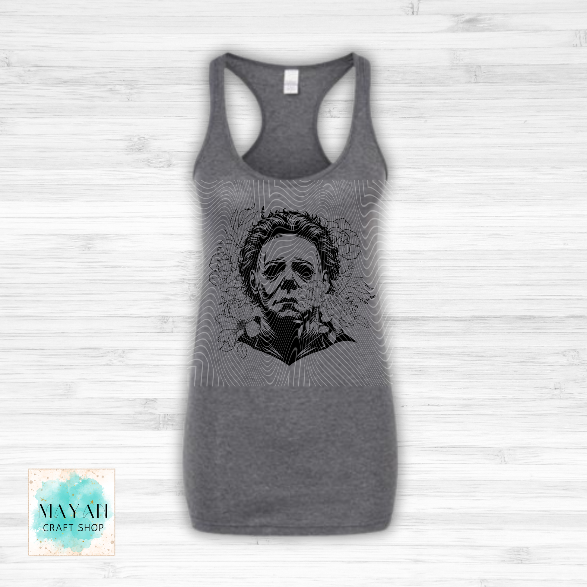 Gray tank top with a graphic design on a white background