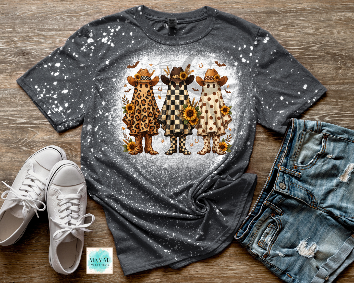 Western Ghost Trio Fall Bleached Shirt | Cute Western Halloween Tee