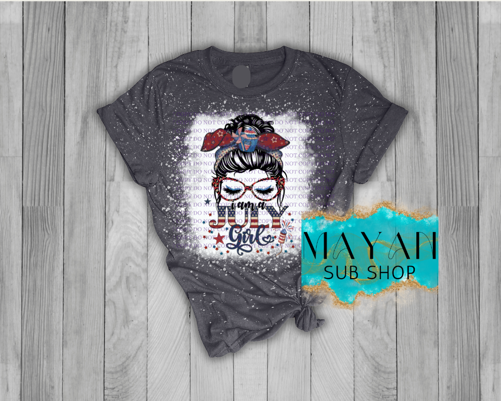 July girl patriotic messy bun in heather charcoal bleached shirt. -Mayan Sub Shop