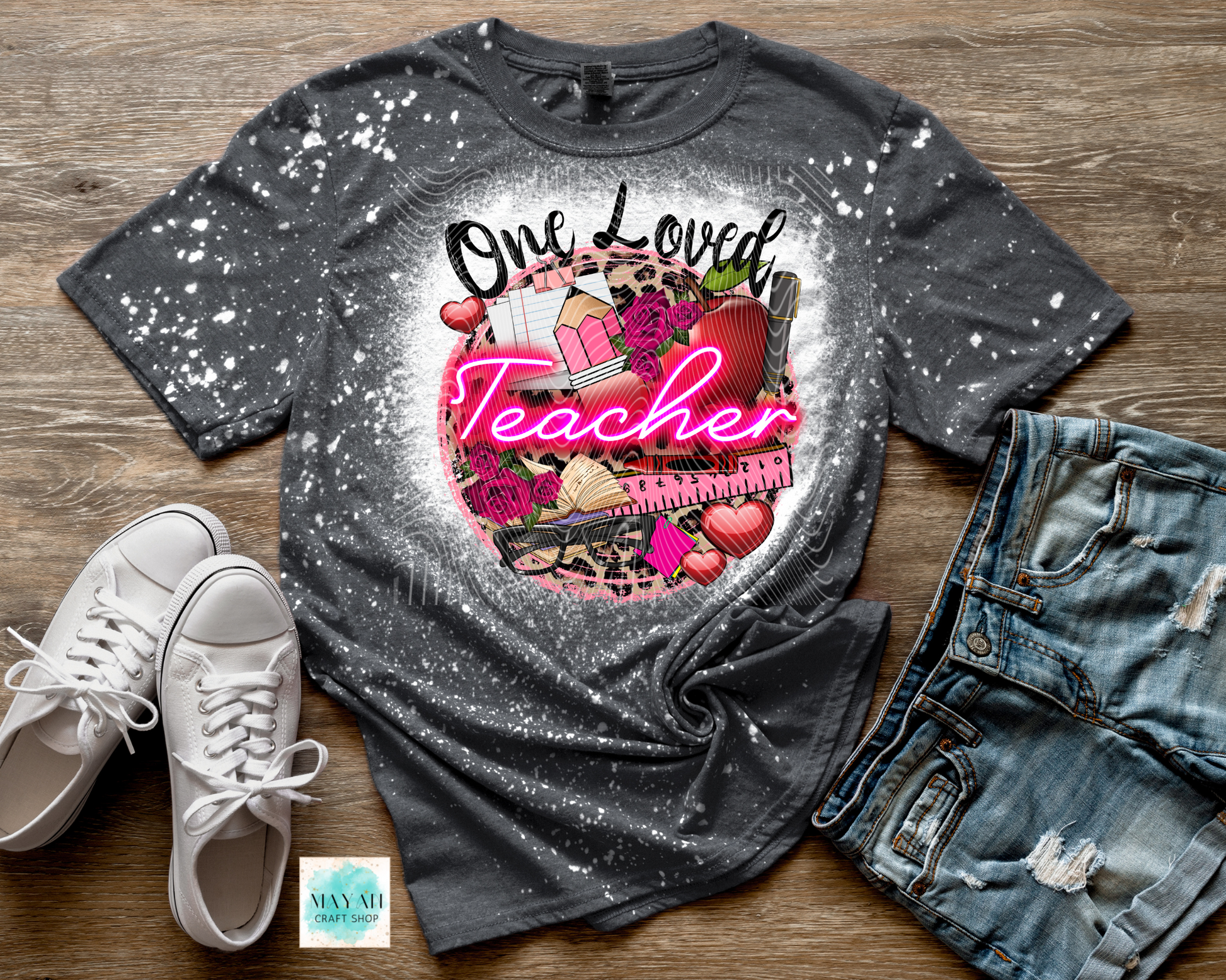 One loved teacher heather charcoal bleached shirt. -Mayan Craft Shop