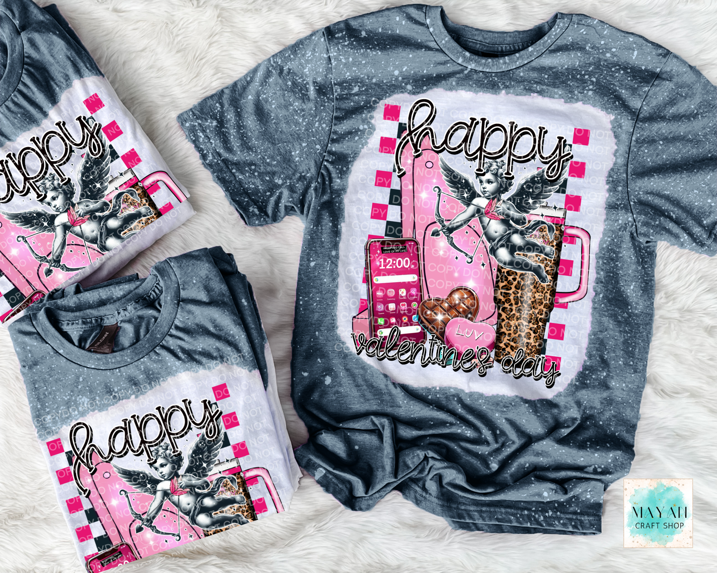 Gray t-shirt with 'Happy Valentine's Day' graphic design on a textured surface