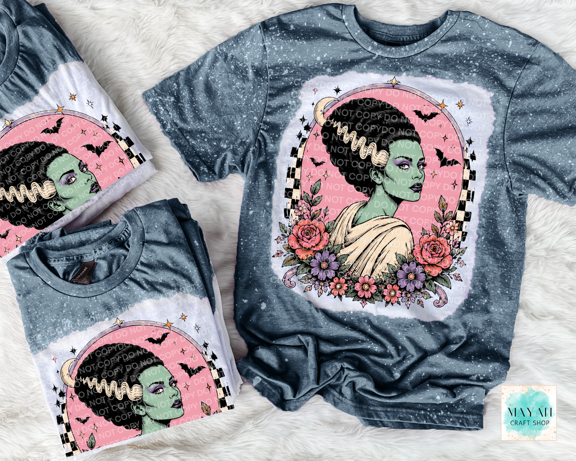 T-shirts with a graphic design of a woman with dark hair and flowers on a light gray background.