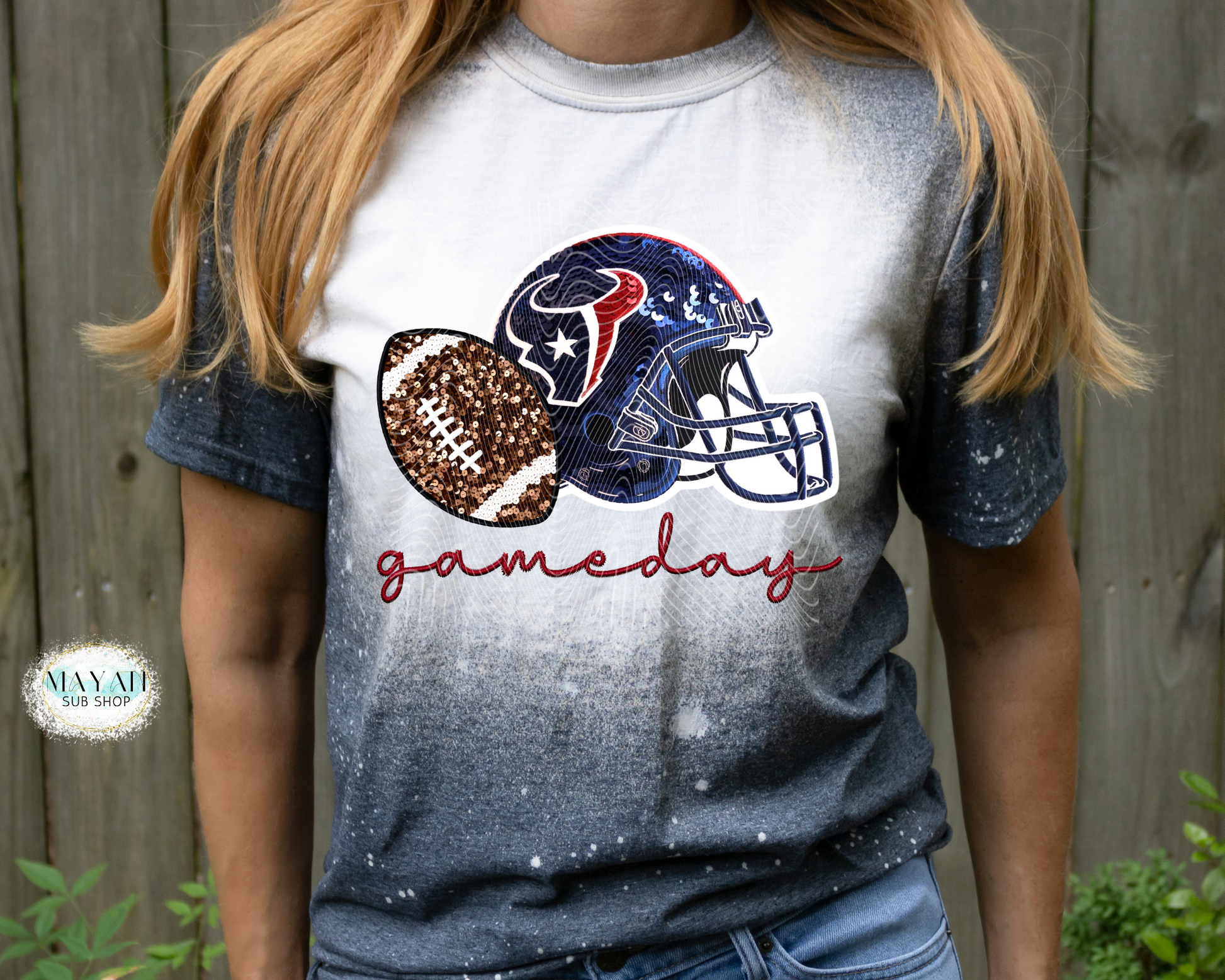 Houston football faux sequin heather  charcoal bleached tee. -Mayan Sub Shop