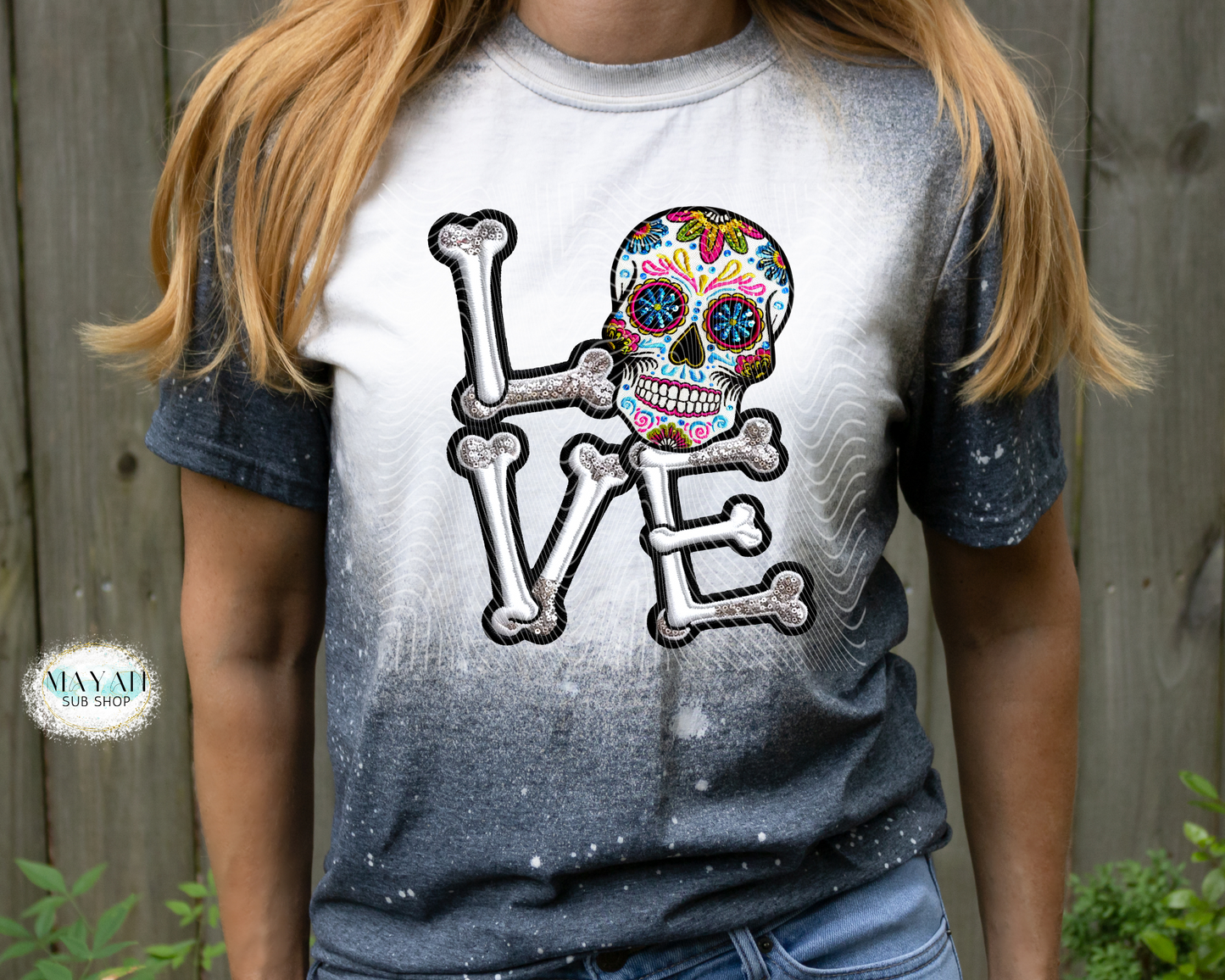 Dia de los muertos love heather charcoal bleached tee. -Mayan Sub Shop