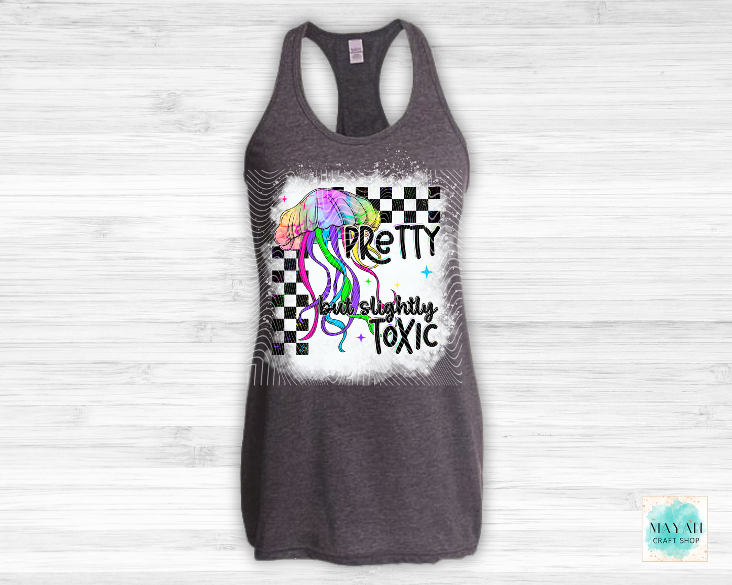 Gray tank top with colorful graphic and text on a white background