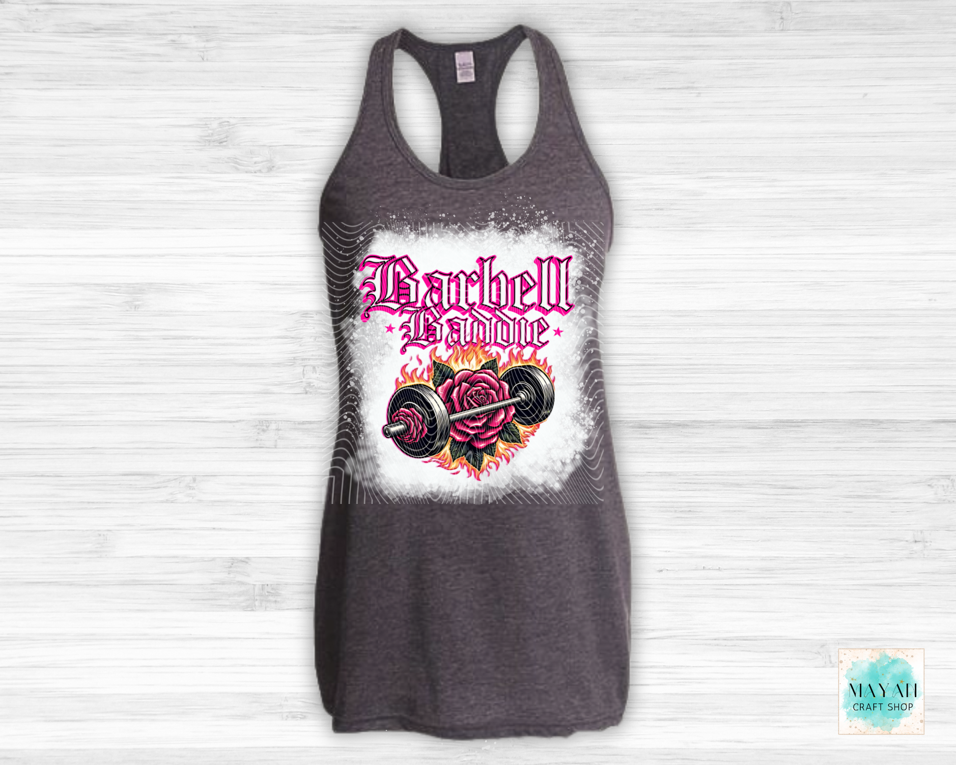 Barbell baddie heather charcoal bleached tank. -Myana Craft Shop