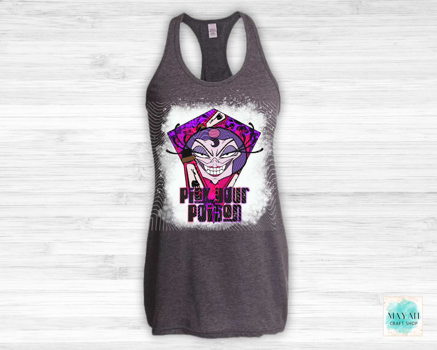 Gray tank top with a graphic design of a character and text on a white background
