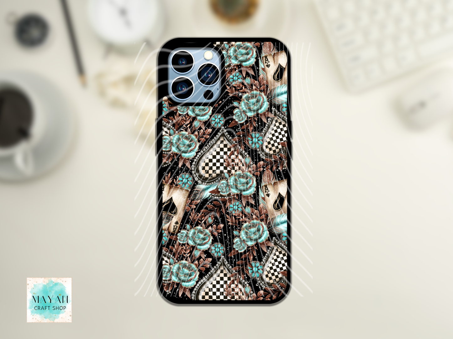 Phone case with decorative pattern on a light background