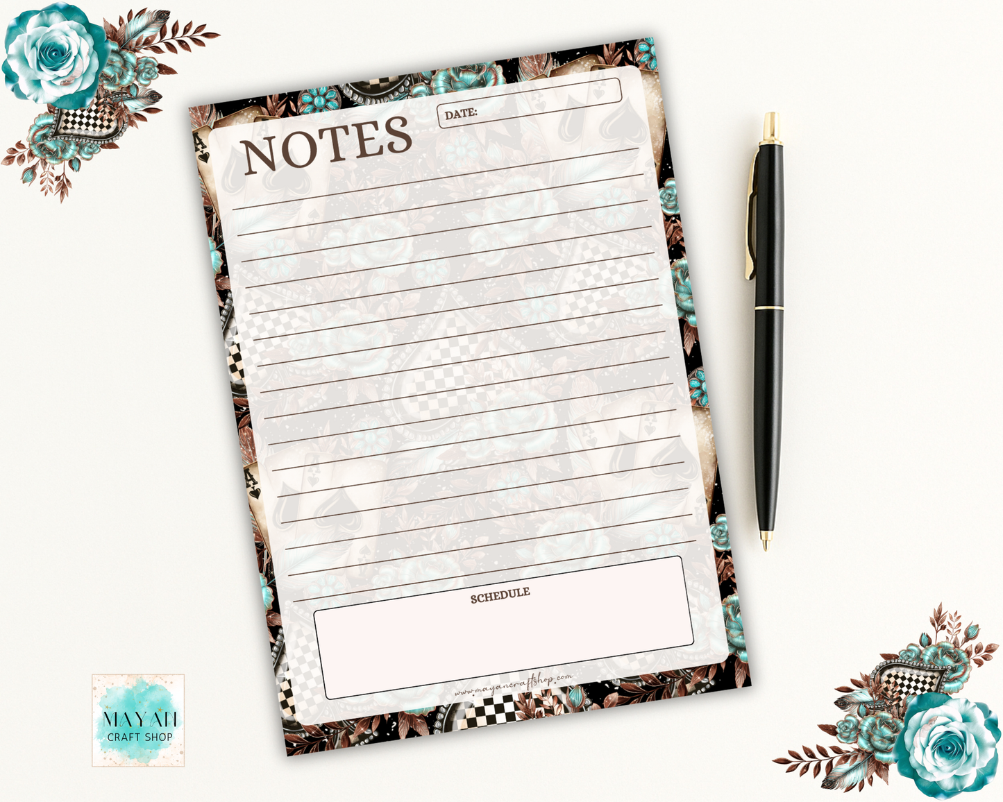 Notepad with floral border, pen, and decorative elements on a white background
