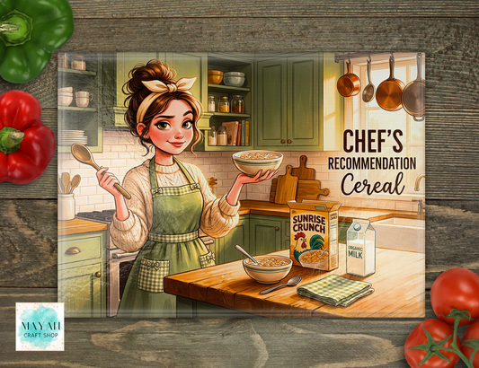 Illustration of a woman in a kitchen with cereal packaging and ingredients.
