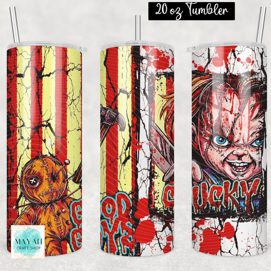 Three views of a 20 oz skinny tumbler with a horror-themed print, featuring red and yellow vertical stripes, cracks, blood splatters, and a creepy character face. The tumblers have clear lids with silver straws and are shown on a light gray background.