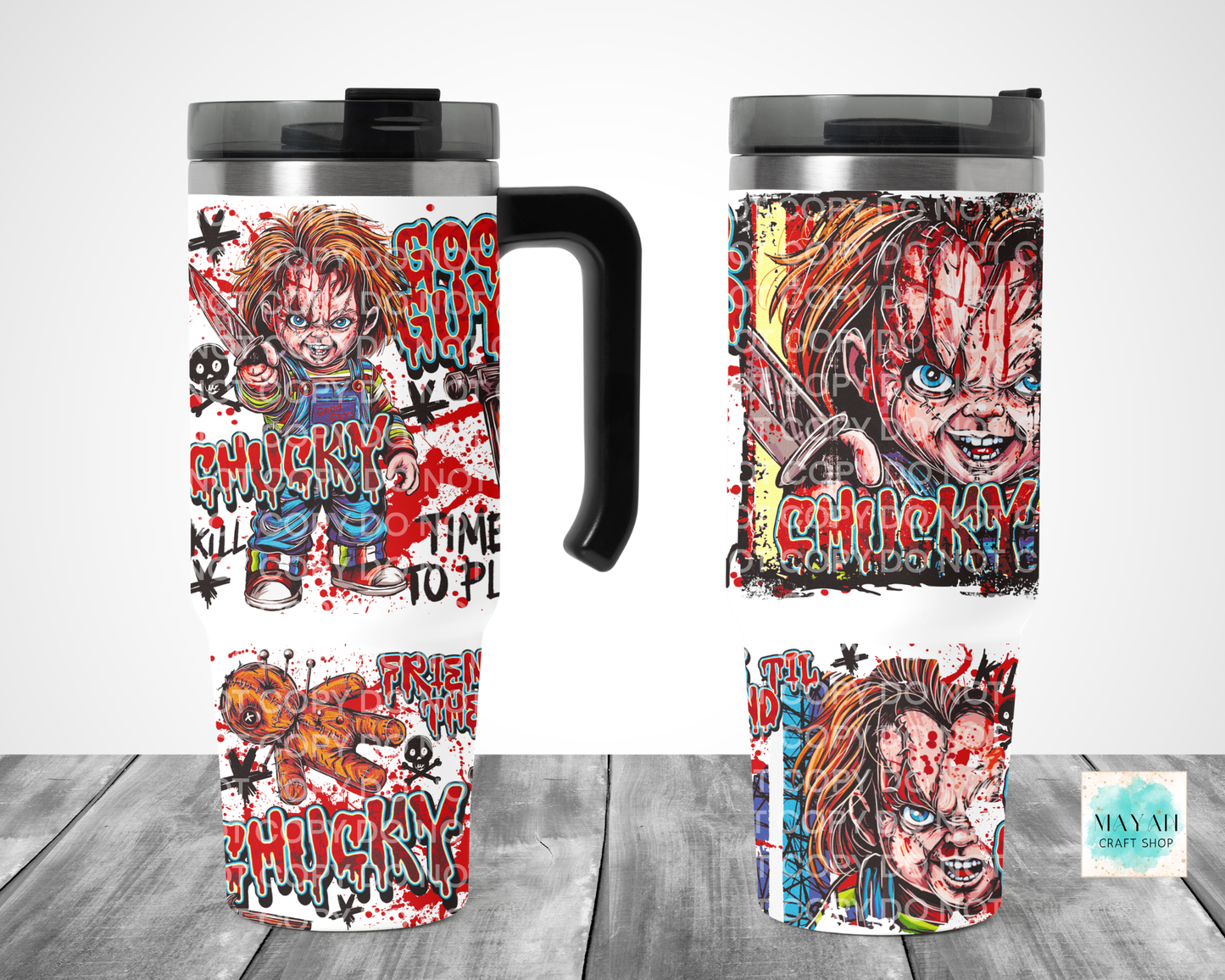 Two views of a travel tumbler mug featuring a horror-themed graphic print, displayed on a gray wood-textured surface against a white background.