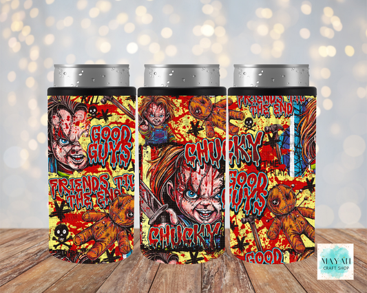 Three slim can coolers featuring a colorful doll, shown on a wooden surface with a soft bokeh light background.