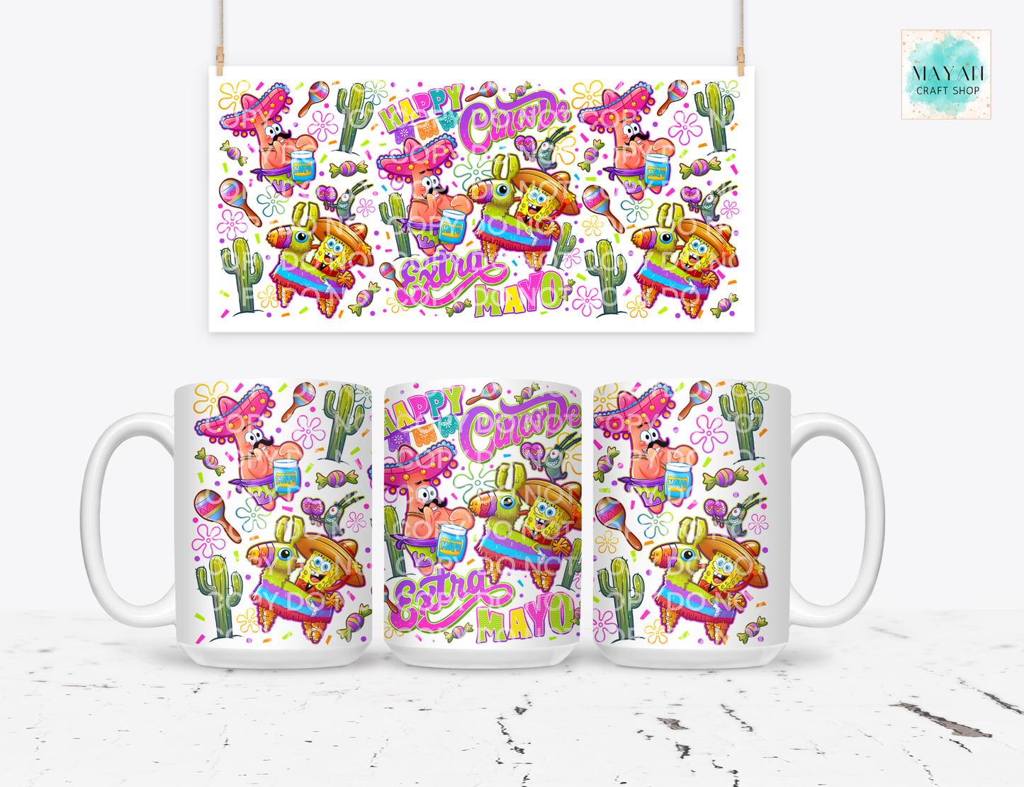 Set of three mugs with colorful designs featuring cartoon characters and text on a white background.