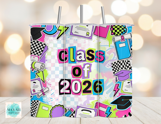 Colorful 'Class of 2026' design with school supplies on a white background