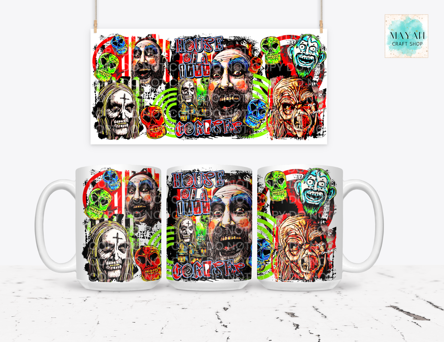 A white ceramic mug shown from multiple angles with a colorful horror-themed collage print featuring skulls, faces, and distressed text. 
