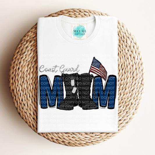 White t-shirt with military mom text and American flag on a woven mat