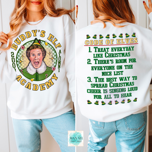 White sweatshirt with code of elves front and back text and graphics.