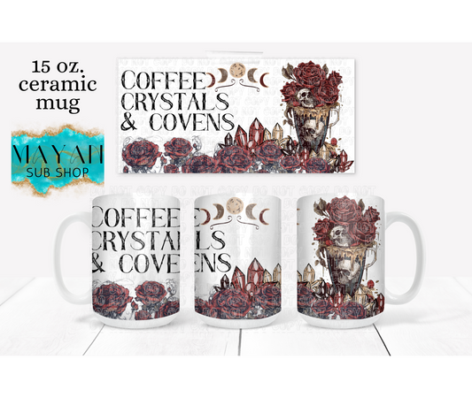 Coffee, crystals & covens 15 oz. coffee mug. -Mayan Sub Shop