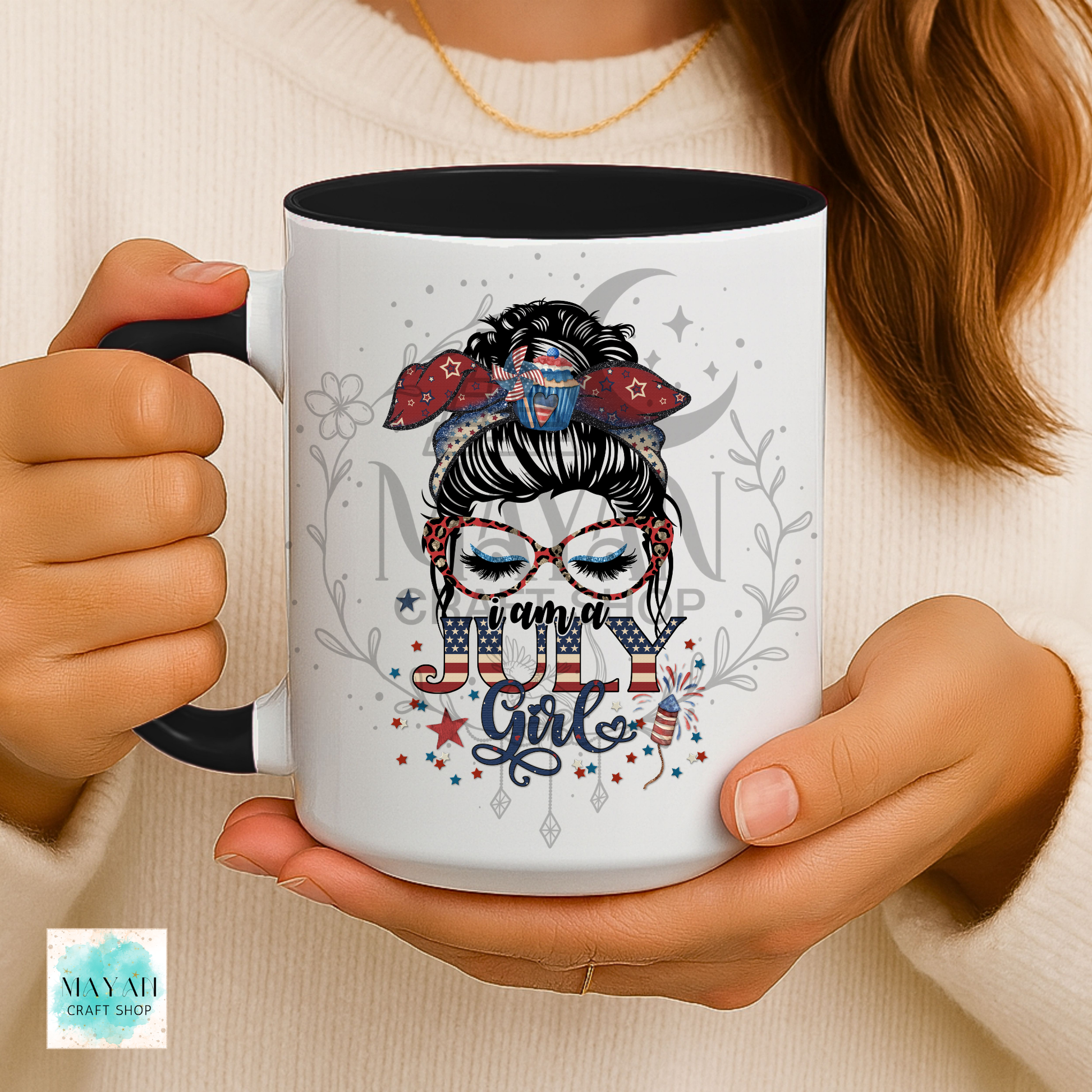 July girl patriotic black mug.