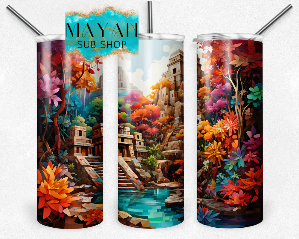 Colorful Mayan temples 20 oz. skinny tumbler. -Mayan Sub Shop