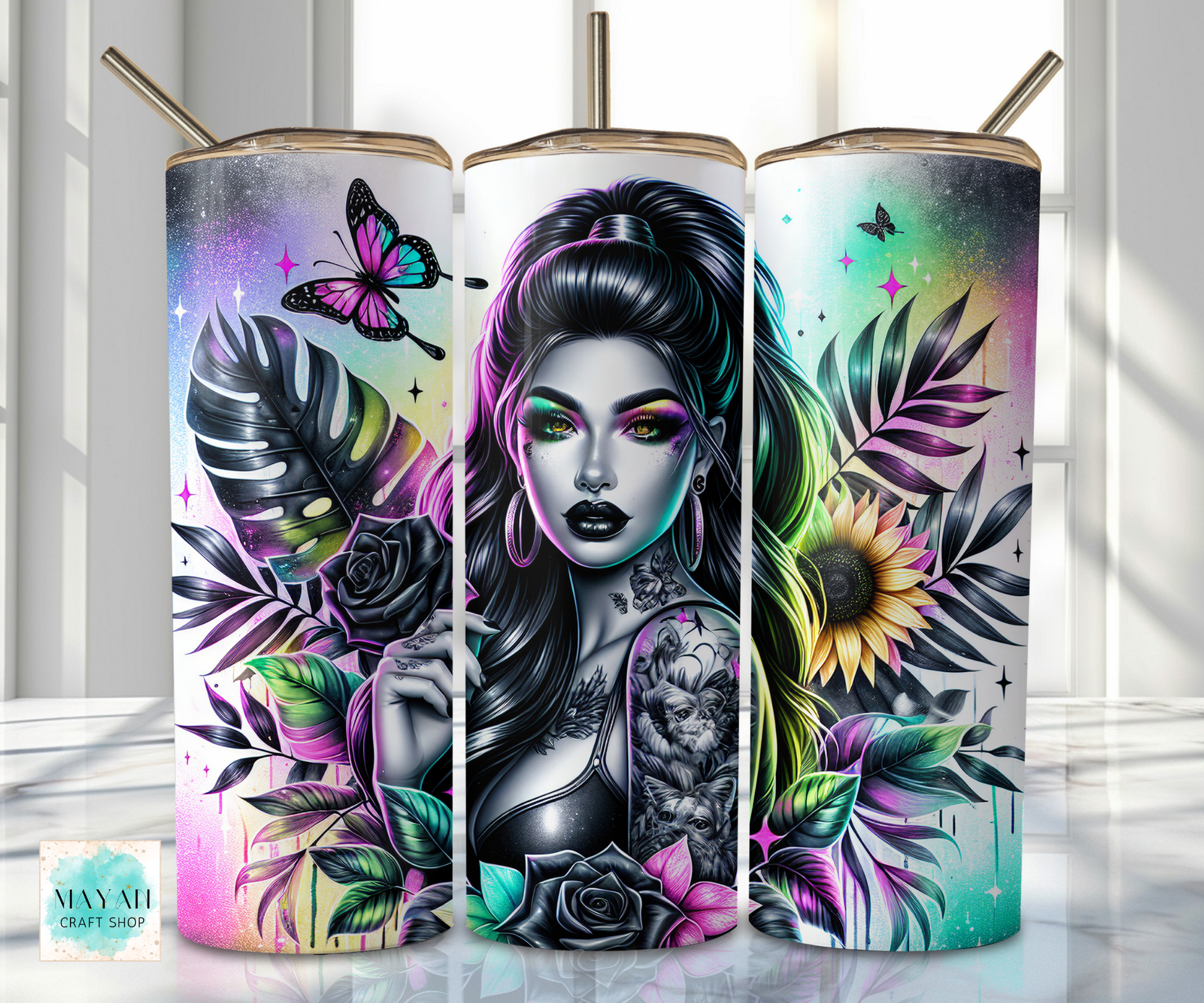 Three tumbler designs featuring a woman with colorful makeup, flowers, and butterflies on a white background.