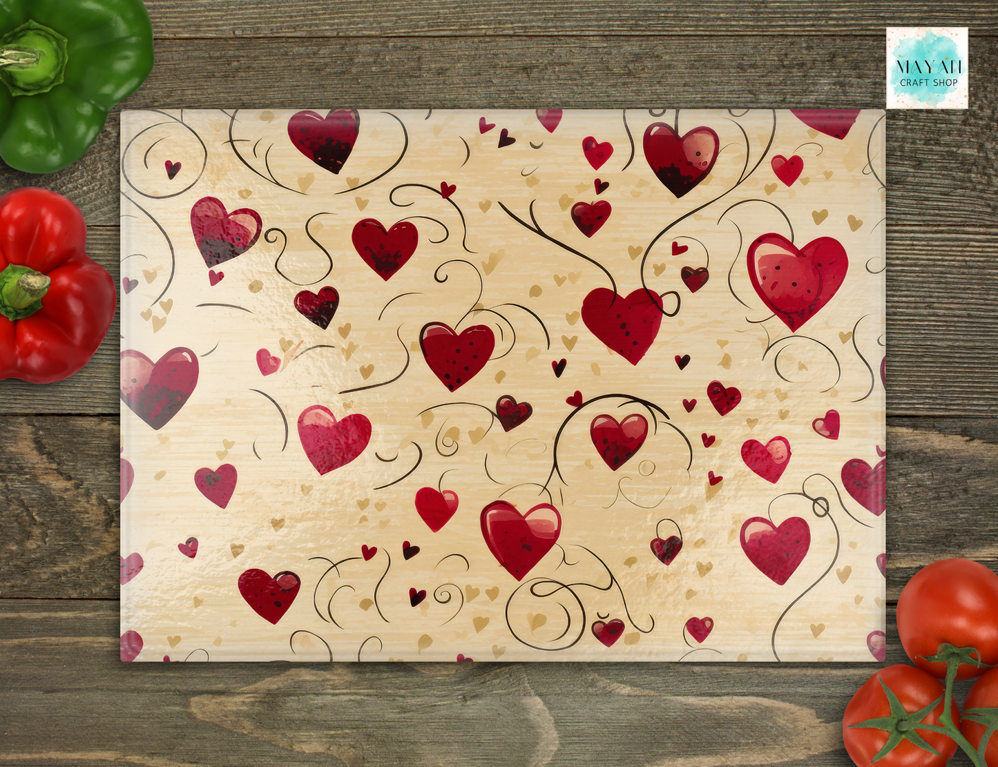 Heart-patterned placemat on a wooden surface with vegetables around
