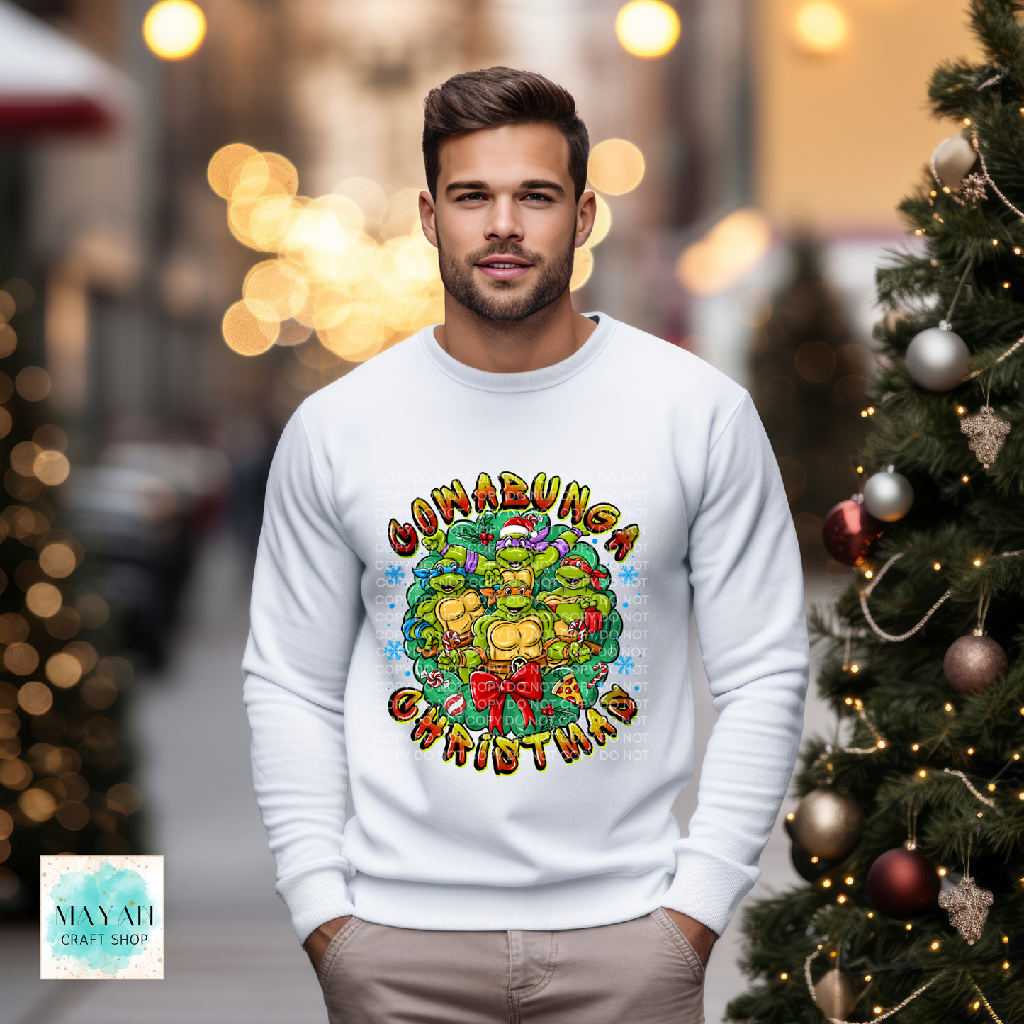 Christmas sweatshirt with turtles.