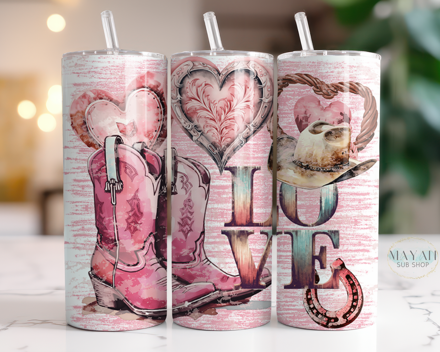 Cowgirl love 20 oz. skinny tumbler. -Mayan Sub Shop