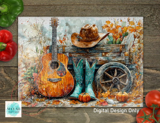 Cutting board of a guitar, cowboy hat, boots, and wagon on a wooden background with vegetables.