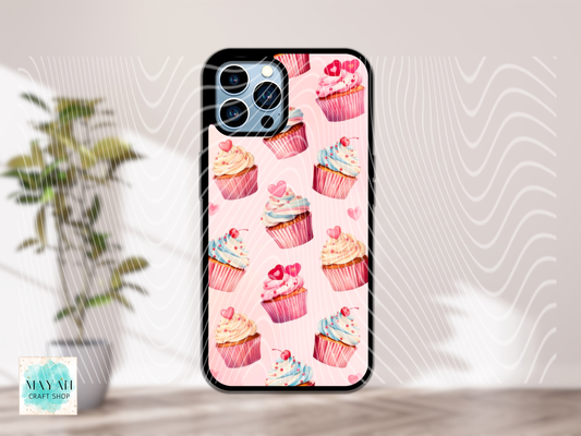 Phone case with cupcake pattern on a light background