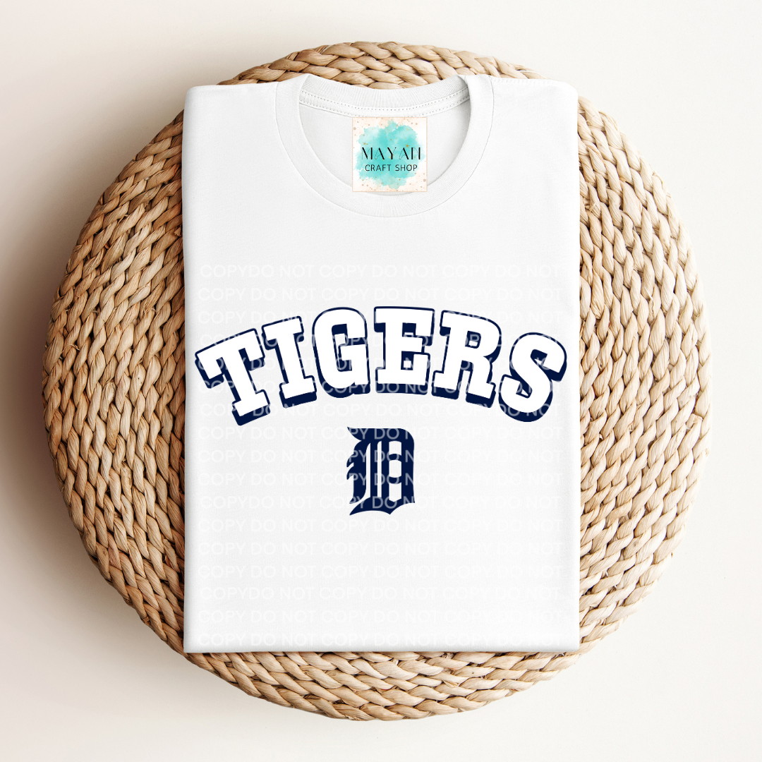 White t-shirt with a baseball logo printed on it, featuring a logo, on a woven mat.