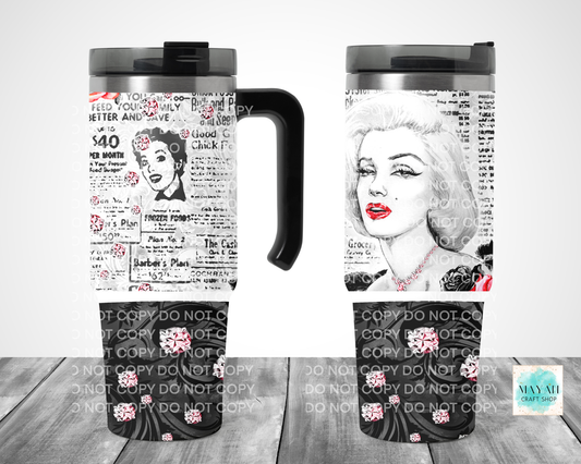 Travel mug with a design of a woman's face and text on a white background