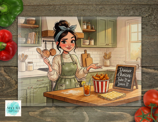 Illustration of a woman in a kitchen with food and a sign on a wooden surface.