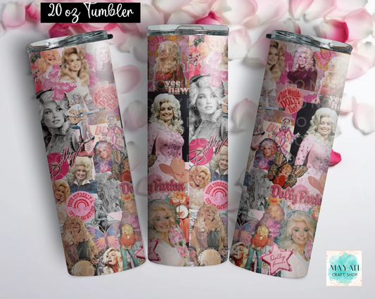 Three views of a 20 oz tumbler with a pink and white collage print featuring vintage portraits and text, shown on a light background with pink flower petals. 