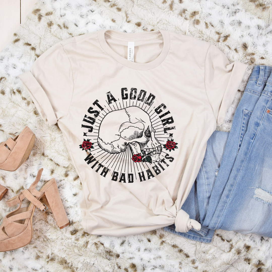 Good girl bad habits heather dust shirt. -Mayan Craft Shop