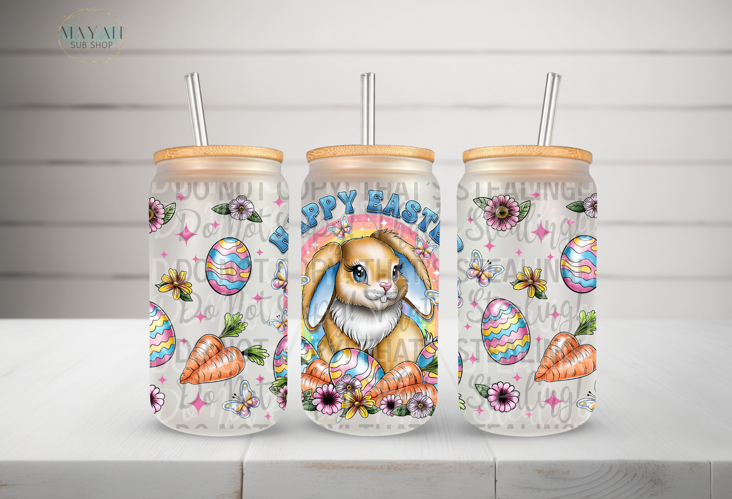 Happy Easter bunny frosted glass can. -Mayan Sub Shop