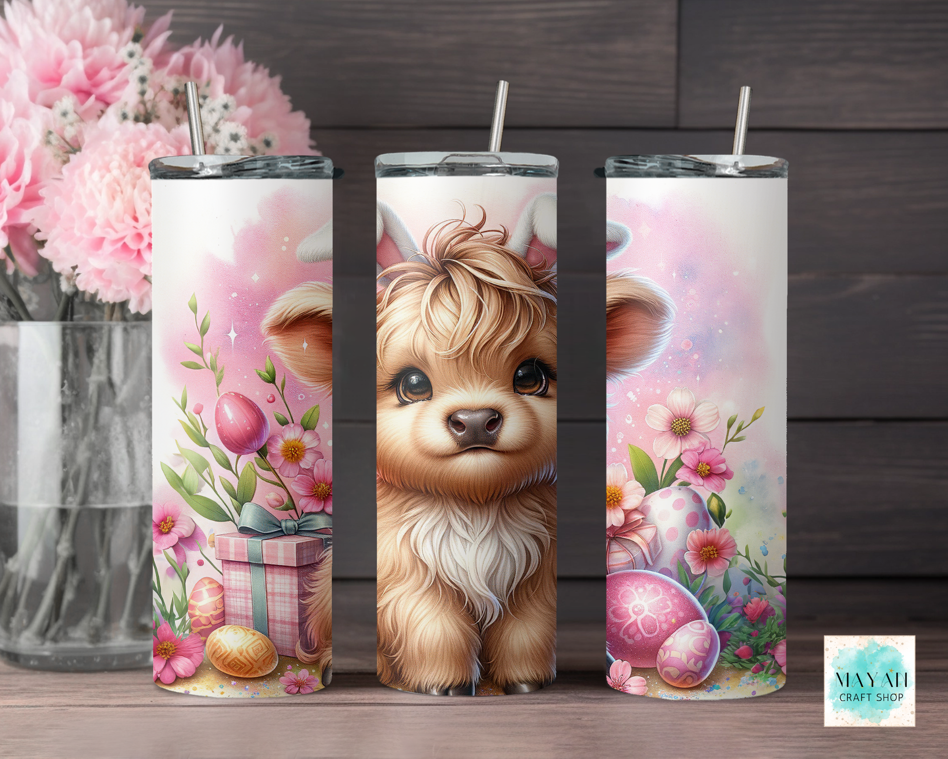 Three tumbler designs featuring a cute animal, flowers, and Easter eggs on a wooden surface.