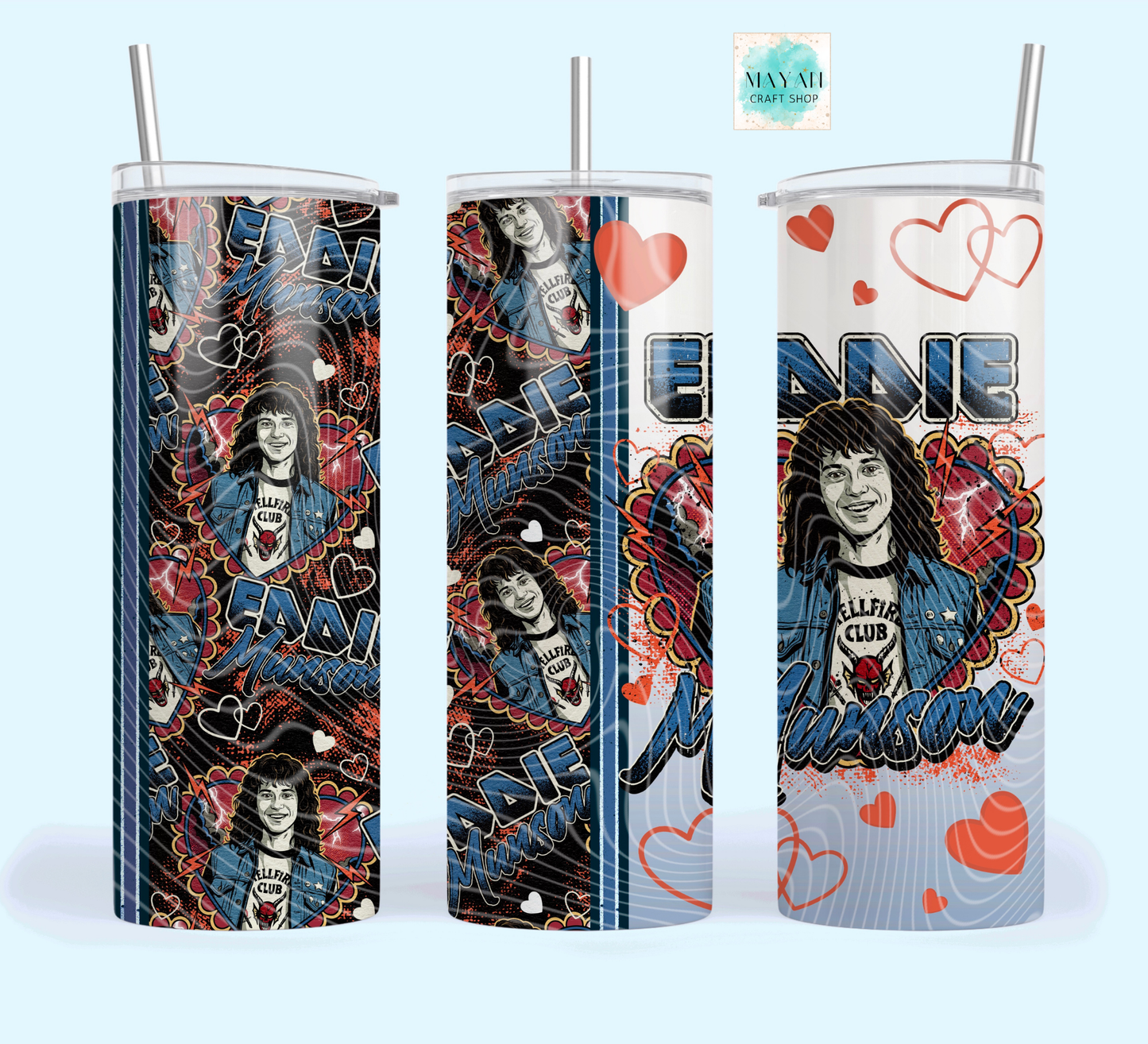 Three tumblers with a design of a person wearing a denim jacket and hearts on a light blue background.