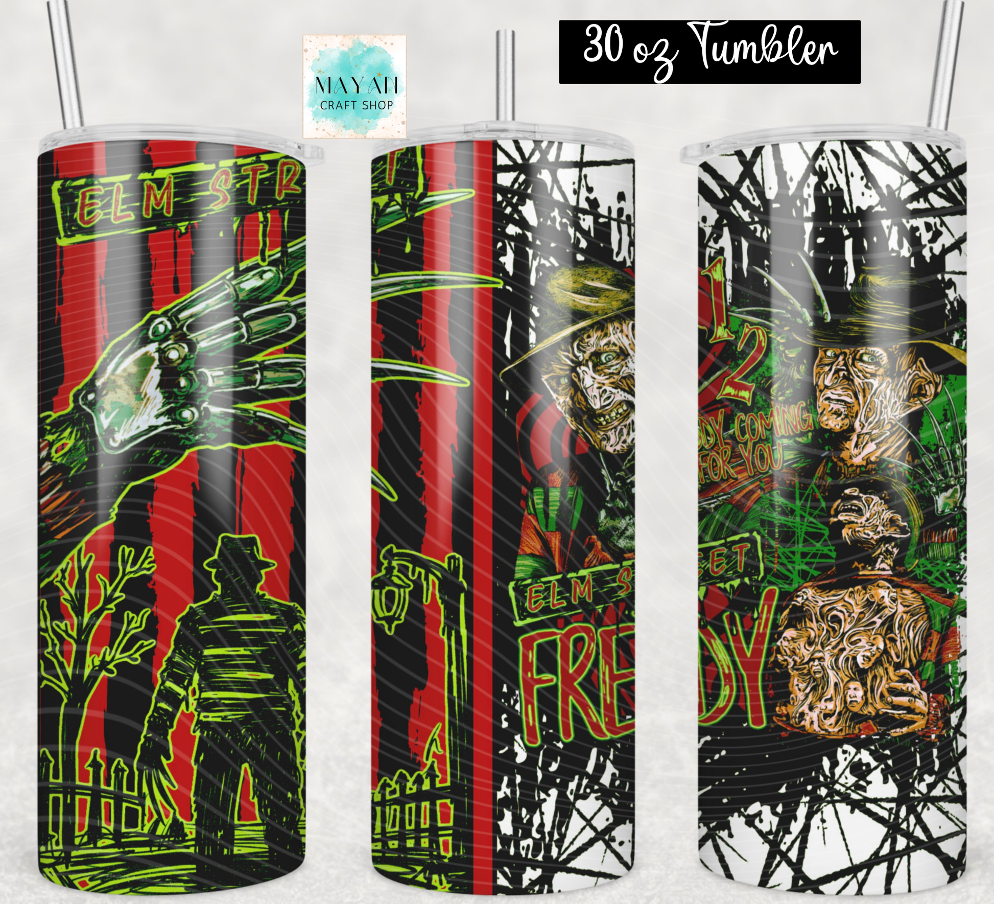 Three views of a 30 oz skinny tumbler featuring a Halloween graphic design. The design has a red and black striped background with green claw marks, a silhouetted figure, and a distressed Freddy face.