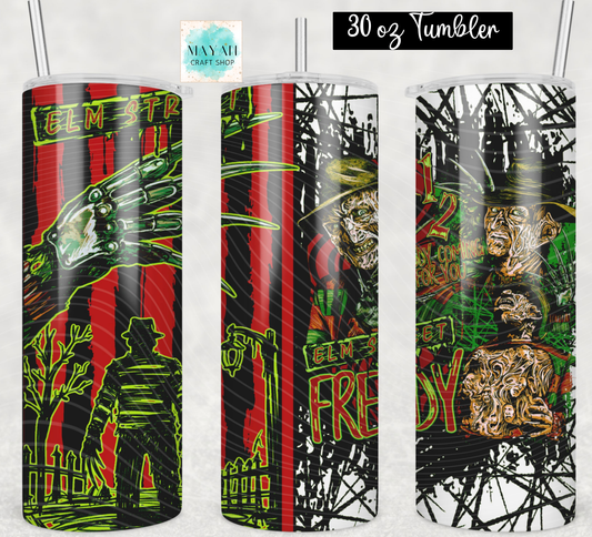 Three views of a 30 oz skinny tumbler featuring a Halloween graphic design. The design has a red and black striped background with green claw marks, a silhouetted figure, and a distressed Freddy face.