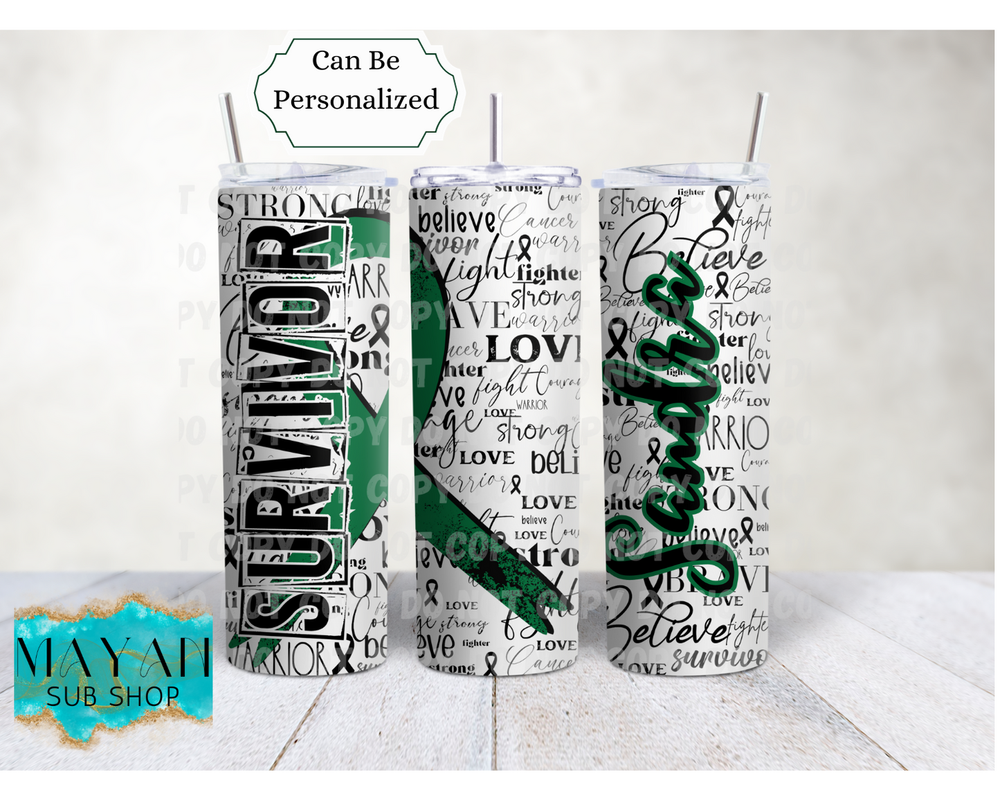 Emerald Green Cancer Survivor Ribbon 20 oz. Skinny Tumbler - Mayan Sub Shop