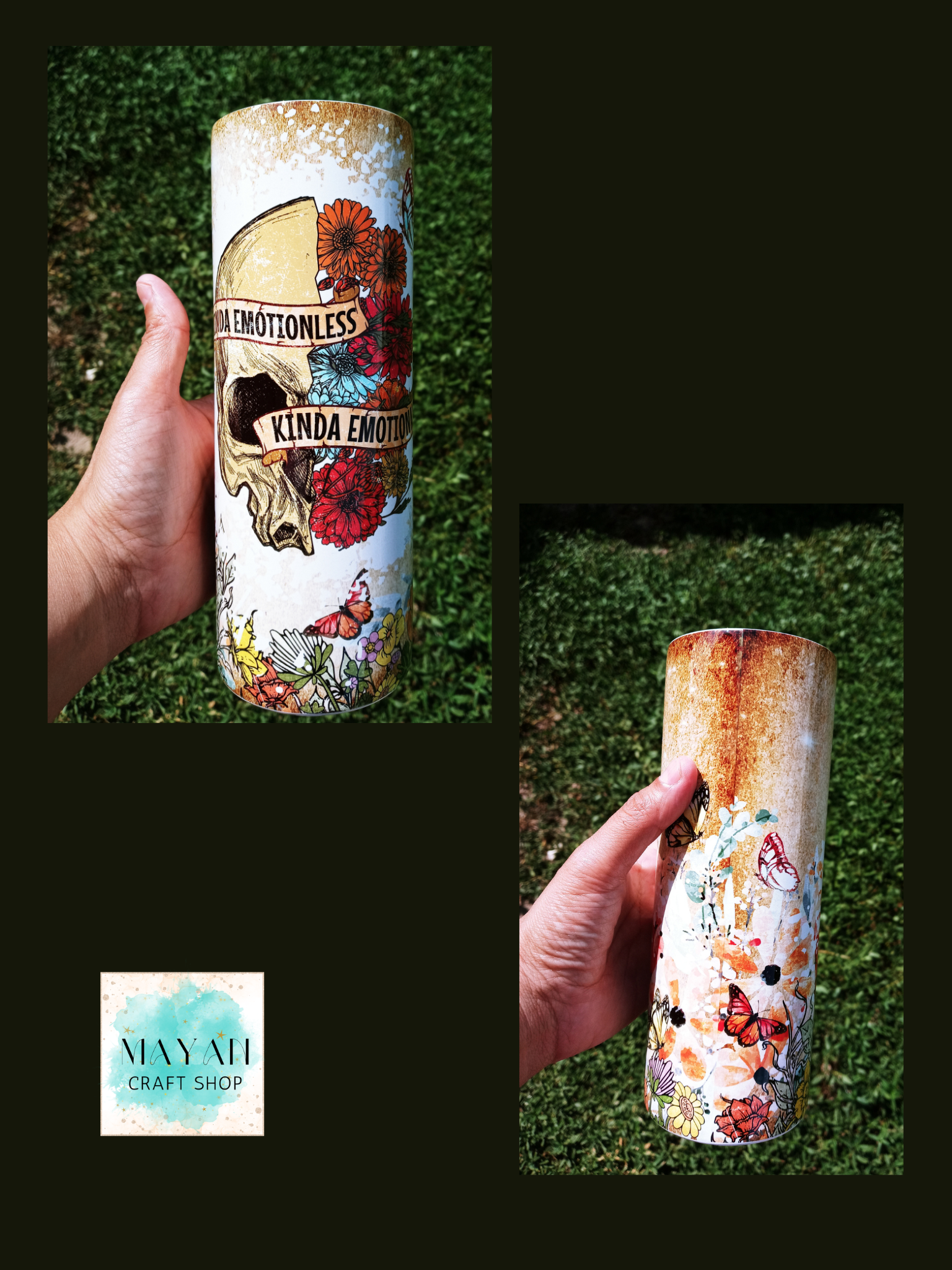 A hand holds a tumbler outdoors on grass. The vase has a distressed cream base with rust-like brown staining near the top and a colorful floral and butterfly pattern near the bottom.