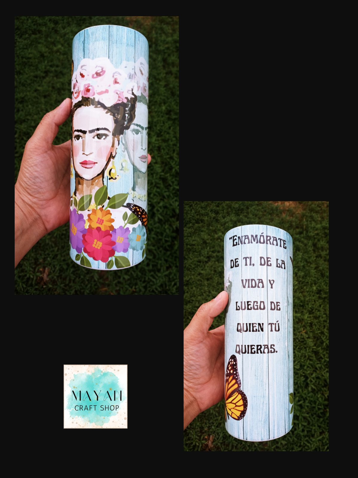 Two tumblers with hand-painted floral and portrait designs are shown outdoors on grass, held in a person's hand. One vase features a multicolor floral design with a pink flower crown and colorful flowers; the other has a light blue wood-grain background with Spanish text and a butterfly.