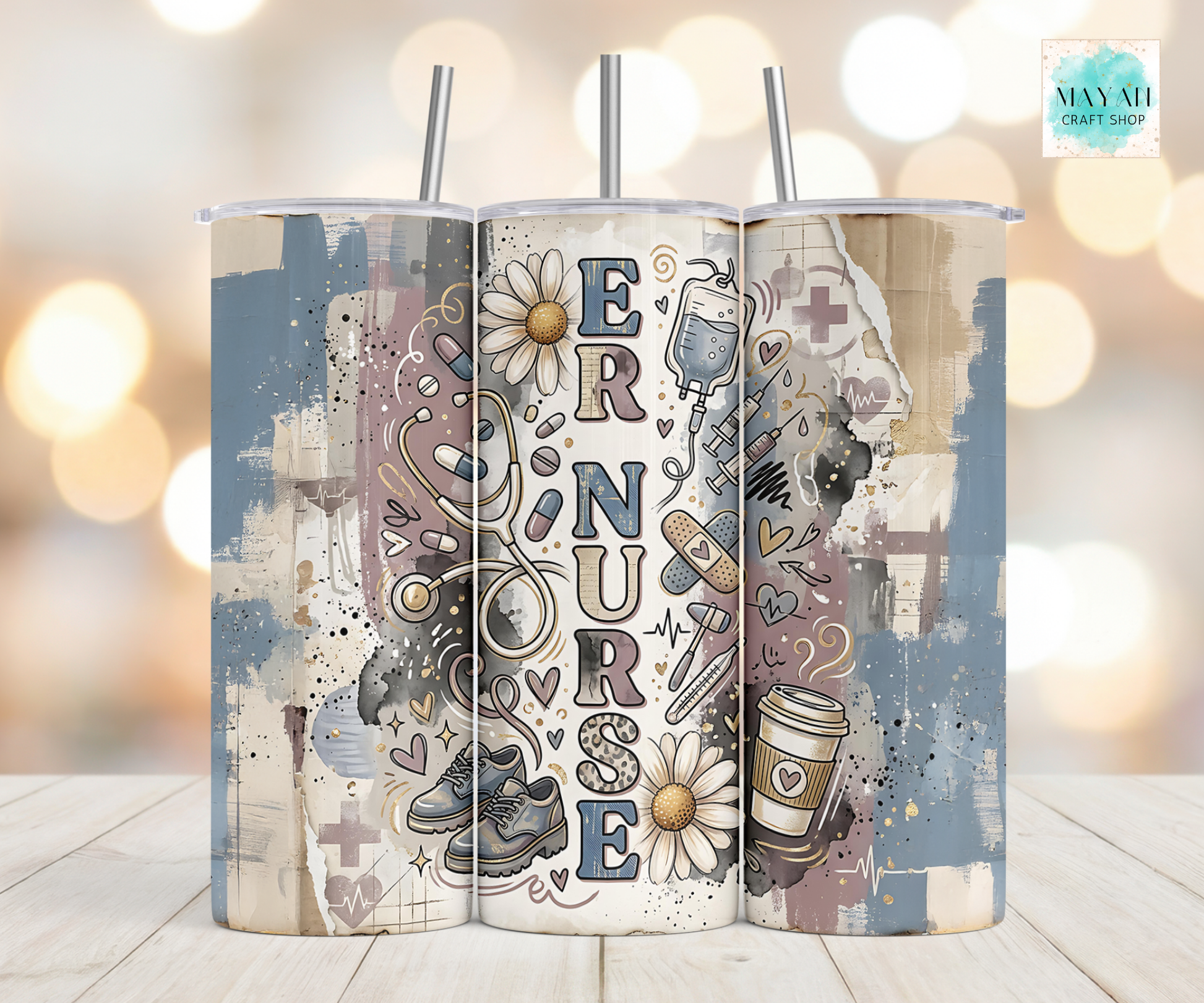 Tumbler with nurse-themed design on a wooden surface with blurred lights in the background