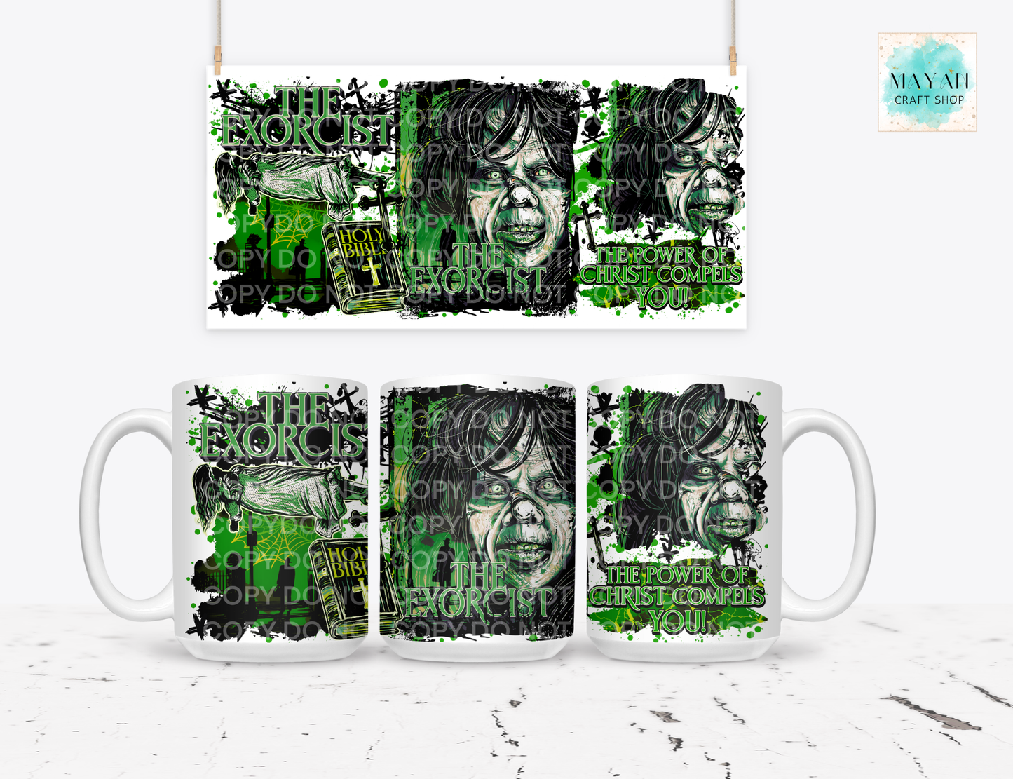 A white ceramic mug shown from three angles with a matching rectangular wrap design above it. The mug and wrap feature a black-and-white illustrated face with bright green text and splatter effects.