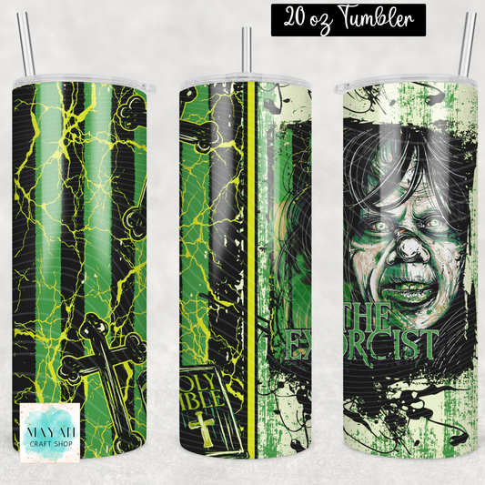 Three views of a 20 oz skinny tumbler with a Halloween-themed wrap design. The design features green and black splatter, cross motifs, a Bible illustration, and a creepy face.