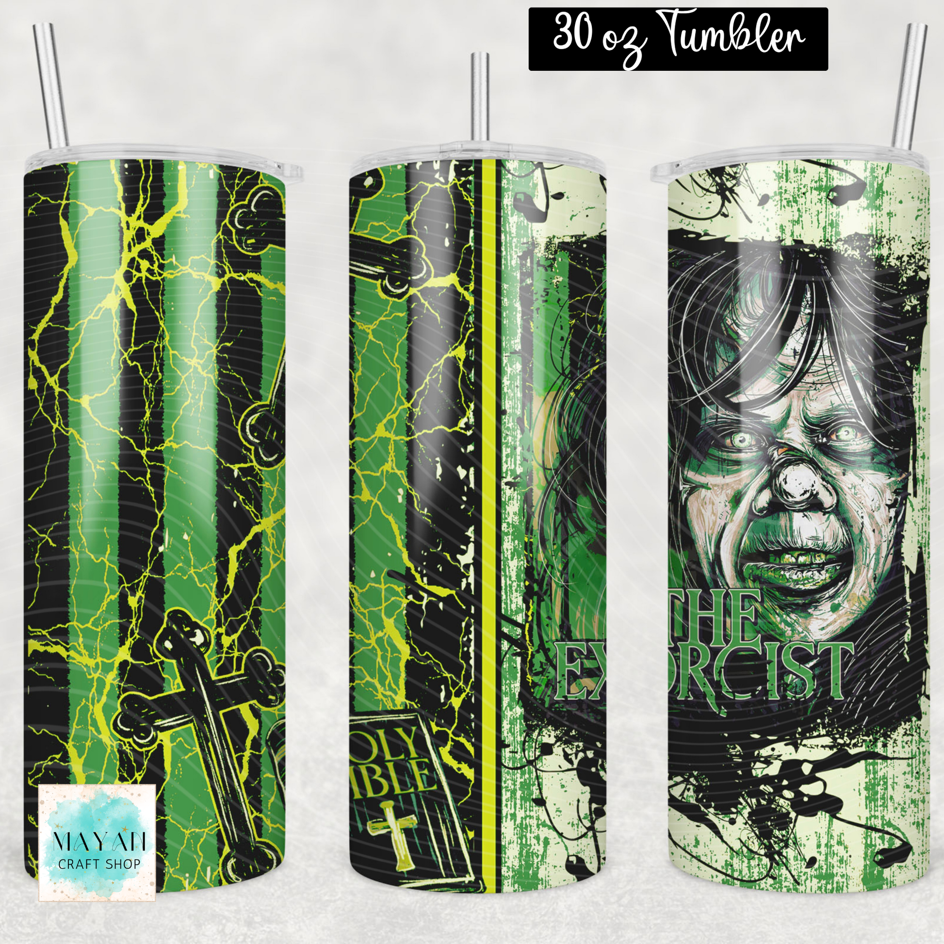 Three views of a 30 oz skinny tumbler with a wrap-around Halloween-themed graphic design. The design features green and black vertical stripes with yellow lightning bolts, a black cross, a holy bible with a cross, and a creepy face.
