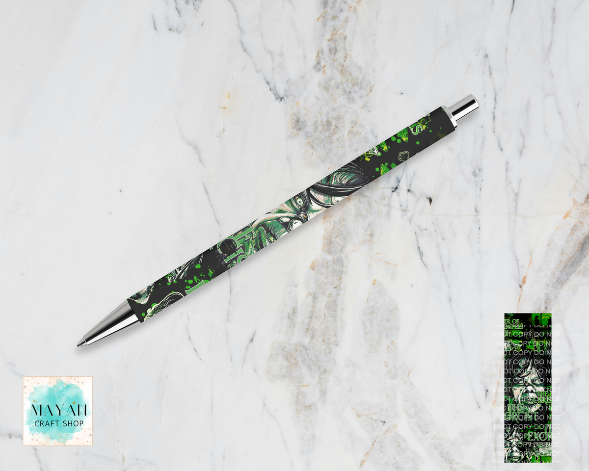 A marbled pen with green and black swirls, displayed diagonally on a white marble background. A color swatch is shown in the bottom-right corner.