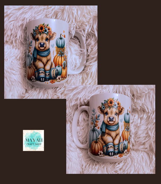 Fall highland cow mug sample. -Mayan Craft Shop